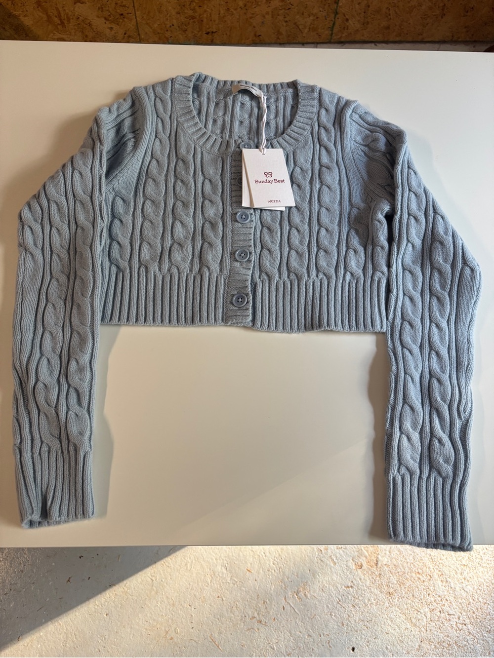 Aritzia Sunday Best Pale Blue Cable-Knit Cropped Cardigan